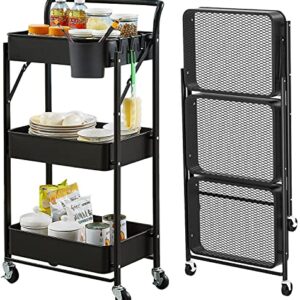 3 Tier Foldable Storage Cart with Wheels Folding Utility Rolling Cart Metal Kitchen Storage Organzier Cart for Classroom, Bedroom, Living Room