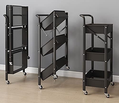 3 Tier Foldable Storage Cart with Wheels Folding Utility Rolling Cart Metal Kitchen Storage Organzier Cart for Classroom, Bedroom, Living Room