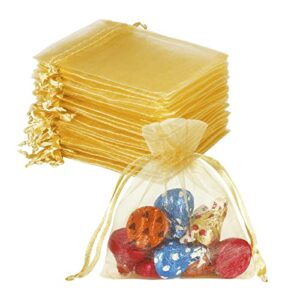 hrx package 100pcs little gold organza bags 3 x 4 inch, mesh jewelry pouches drawstring empty sachets for bracelets candy small gift