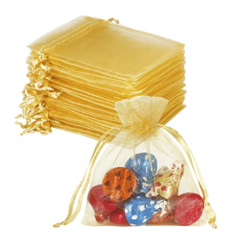 HRX Package 100pcs Little Gold Organza Bags 3 x 4 inch, Mesh Jewelry Pouches Drawstring Empty Sachets for Bracelets Candy Small Gift