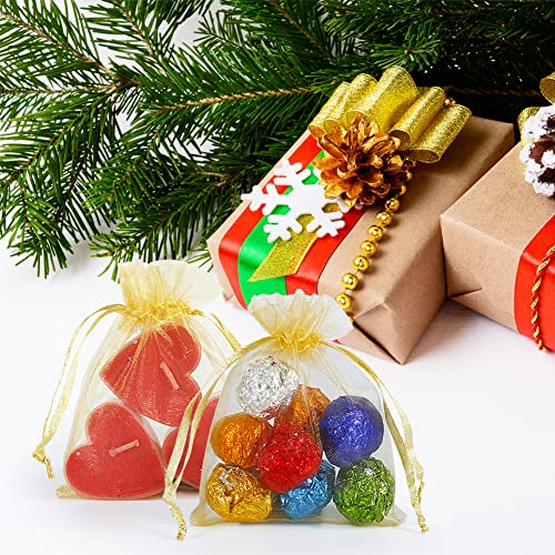 HRX Package 100pcs Little Gold Organza Bags 3 x 4 inch, Mesh Jewelry Pouches Drawstring Empty Sachets for Bracelets Candy Small Gift