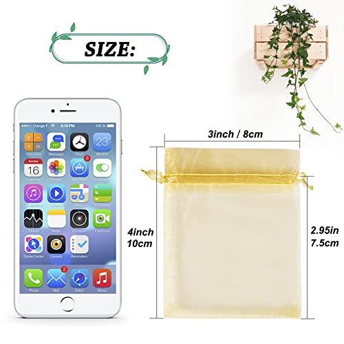 HRX Package 100pcs Little Gold Organza Bags 3 x 4 inch, Mesh Jewelry Pouches Drawstring Empty Sachets for Bracelets Candy Small Gift