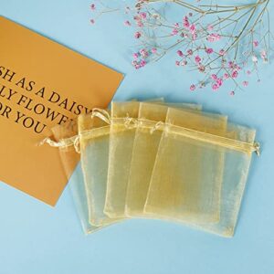 HRX Package 100pcs Little Gold Organza Bags 3 x 4 inch, Mesh Jewelry Pouches Drawstring Empty Sachets for Bracelets Candy Small Gift