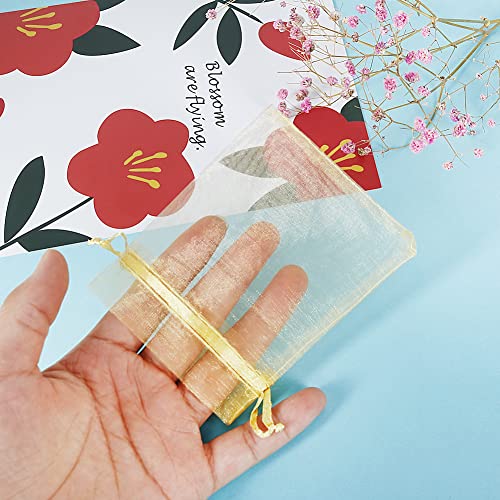 HRX Package 100pcs Little Gold Organza Bags 3 x 4 inch, Mesh Jewelry Pouches Drawstring Empty Sachets for Bracelets Candy Small Gift