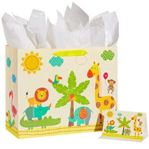 suncolor 16″ extra large gift bag for baby shower with tissue paper (animals)