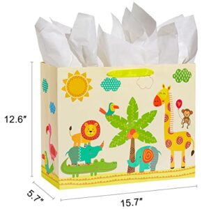 SUNCOLOR 16" Extra Large Gift Bag for Baby Shower with Tissue Paper (Animals)