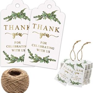 Thank You for Celebrating with Us Tags, 100Pcs Greenery Gold Gift Tags, Thank You Tags for Baby Shower, Birthday, Wedding, Bridal Shower, Gift Tags with 100 Feet Natural Jute Twine.