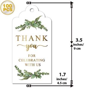 Thank You for Celebrating with Us Tags, 100Pcs Greenery Gold Gift Tags, Thank You Tags for Baby Shower, Birthday, Wedding, Bridal Shower, Gift Tags with 100 Feet Natural Jute Twine.