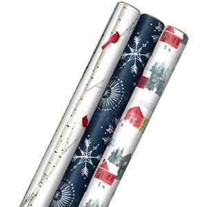 hallmark christmas wrapping paper with cut lines on reverse (3 rolls: 120 sq. ft. ttl) snowy village, starry snowflakes, birch trees & cardinals