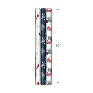 Hallmark Christmas Wrapping Paper with Cut Lines on Reverse (3 Rolls: 120 sq. ft. ttl) Snowy Village, Starry Snowflakes, Birch Trees & Cardinals