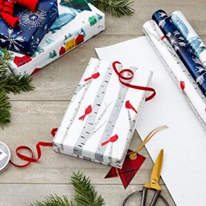 Hallmark Christmas Wrapping Paper with Cut Lines on Reverse (3 Rolls: 120 sq. ft. ttl) Snowy Village, Starry Snowflakes, Birch Trees & Cardinals