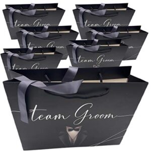 groomsmen gift bags, 14″x10″x4.5″ euro style, premium matte with handle & satin ribbon, set of 7. in silver foil for groomsmen proposal , bachelor favors or team groom gifts. (black & silver foil, 7)