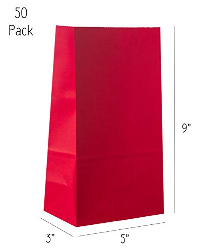 Red Party Favor Bag - 50 Pack Red Kraft Paper Lunch Food Grade Gift Bags for Chinese New Year, Valentine's Day, Christmas and 4th of July - 5"x3"x9"