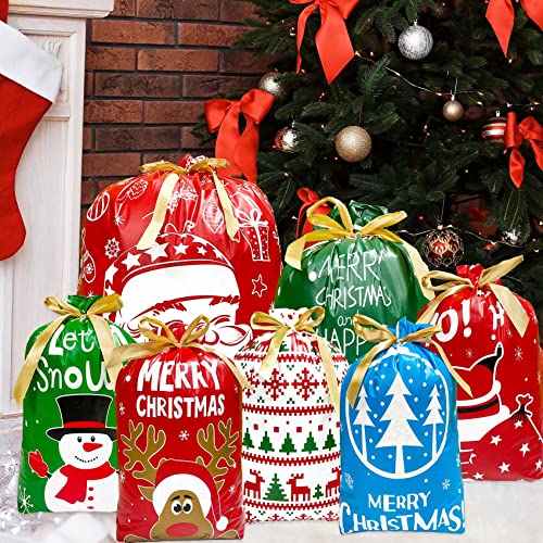 Funnlot Christmas Drawstring Gift Bags 38PCS Christmas Bags For Gifts With Drawstrings Large Drawstring Christmas Gift Bags Assorted Sizes Christmas Wrapping Bags Christmas Gift Bags With Drawstring 3 Sizes And 7 Designs