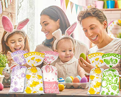 Whaline Easter Cellophane Party Bags 160pcs Bunny Easter Egg Treat Bags with 200pcs Gold Twist Ties Plastic Cello Candy Sweet Bags Gift Bags Chick Flower Bags for Easter Party Table Decor, 4 Designs