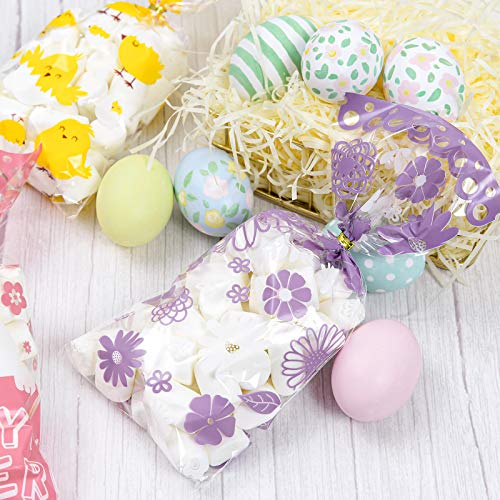 Whaline Easter Cellophane Party Bags 160pcs Bunny Easter Egg Treat Bags with 200pcs Gold Twist Ties Plastic Cello Candy Sweet Bags Gift Bags Chick Flower Bags for Easter Party Table Decor, 4 Designs