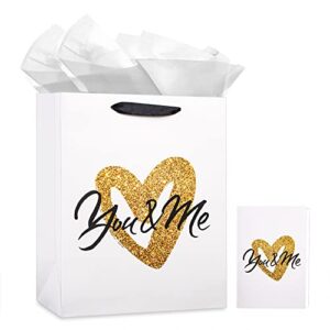 SICOHOME Large Anniversary Paper Gift Bag with Tissue Paper 13" You and Me Valentine's Day Gift Bag with Tissue Paper and Greeting Card for Husband Wife Boyfriend Girlfriend Newlyweds