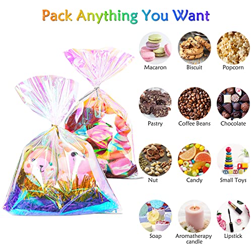 TYRSEN Cellophane Bags, 50 Pcs 9x12 Cello Bags with Twist Ties Holographic Iridescent Cello Gift Bags for Easter Day Birthday Party Halloween Xmas