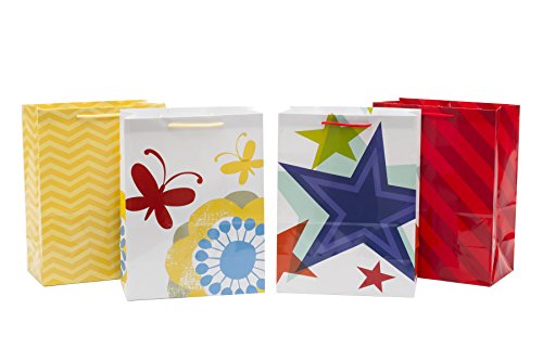 Hallmark 12" Large Gift Bags (Pack of 2: Yellow Chevrons and Flowers with Butterflies) for Birthdays, Baby Showers, Easter, Mothers Day or Any Occasion