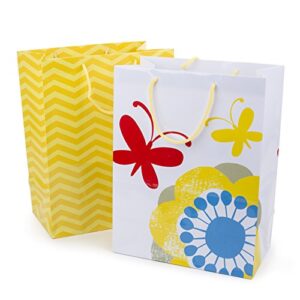 Hallmark 12" Large Gift Bags (Pack of 2: Yellow Chevrons and Flowers with Butterflies) for Birthdays, Baby Showers, Easter, Mothers Day or Any Occasion