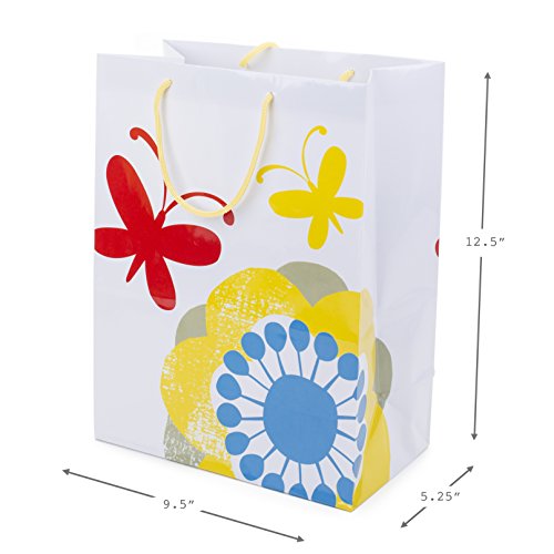 Hallmark 12" Large Gift Bags (Pack of 2: Yellow Chevrons and Flowers with Butterflies) for Birthdays, Baby Showers, Easter, Mothers Day or Any Occasion