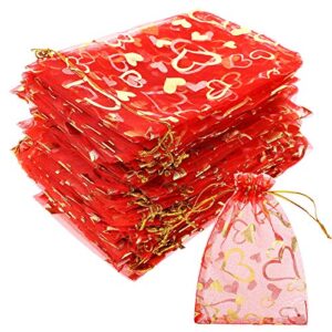 shappy 100 pieces heart organza bags 4 x 6 inch sheer drawstring bags jewelry candy pouch gift bags for valentine’s day wedding christmas festival party favors (red)