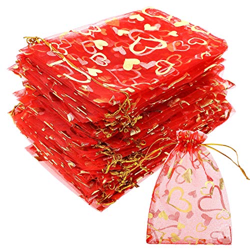 Shappy 100 Pieces Heart Organza Bags 4 x 6 Inch Sheer Drawstring Bags Jewelry Candy Pouch Gift Bags for Valentine's Day Wedding Christmas Festival Party Favors (Red)