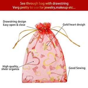 Shappy 100 Pieces Heart Organza Bags 4 x 6 Inch Sheer Drawstring Bags Jewelry Candy Pouch Gift Bags for Valentine's Day Wedding Christmas Festival Party Favors (Red)