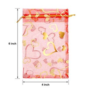 Shappy 100 Pieces Heart Organza Bags 4 x 6 Inch Sheer Drawstring Bags Jewelry Candy Pouch Gift Bags for Valentine's Day Wedding Christmas Festival Party Favors (Red)