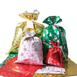 christmas gift bags, 40pcs santa wrapping gift bag in 4 sizes and 4 designs, with ribbon ties and tags