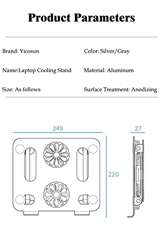 YICOSUN Portable Aluminum Laptop Holder, with Cooling Fan,Adjustable Ergonomic Laptop Stand, Foldable Computer Stand Anti-Slip Laptop Riser Compatible with 9-15.6 inch Laptops, Silvery