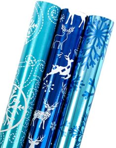 maypluss christmas wrapping paper roll – mini roll – 17 inch x 120 inch per roll – 3 different blue design with glitter metallic foil shine (42.3 sq.ft.ttl)