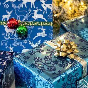 MAYPLUSS Christmas Wrapping Paper Roll - Mini Roll - 17 inch X 120 inch Per roll - 3 Different Blue Design with Glitter Metallic Foil Shine (42.3 sq.ft.ttl)