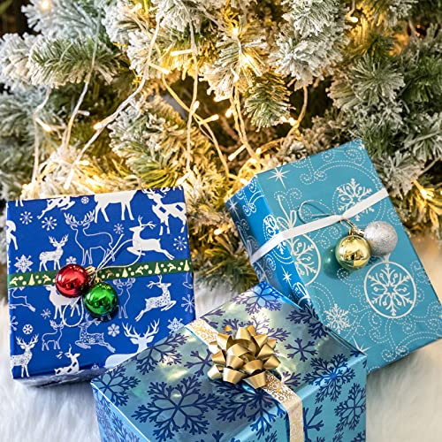 MAYPLUSS Christmas Wrapping Paper Roll - Mini Roll - 17 inch X 120 inch Per roll - 3 Different Blue Design with Glitter Metallic Foil Shine (42.3 sq.ft.ttl)