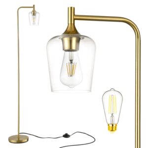 hamilyeah gold floor lamp for bedroom, industrial tall lamp for living room with pedal foot switch, mid century standing lamp for office with champagne glass shade, e26 bulb included