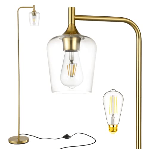 Hamilyeah Gold Floor Lamp for Bedroom, Industrial Tall Lamp for Living Room with Pedal Foot Switch, Mid Century Standing Lamp for Office with Champagne Glass Shade, E26 Bulb Included