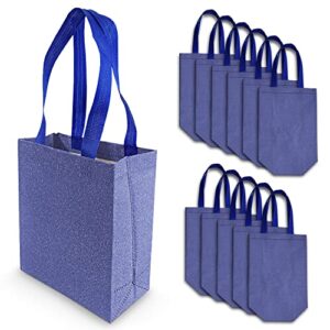 Blue Gift Bags - 12 Pack Medium Blue Reusable Gift Bag Tote with Handles, Glitter Metallic Bling Shimmer, Eco Friendly for Kids Birthday Parties, Bridesmaids, Party Favors, Grocery Shopping - 8x4x10