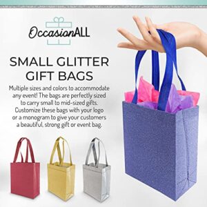 Blue Gift Bags - 12 Pack Medium Blue Reusable Gift Bag Tote with Handles, Glitter Metallic Bling Shimmer, Eco Friendly for Kids Birthday Parties, Bridesmaids, Party Favors, Grocery Shopping - 8x4x10