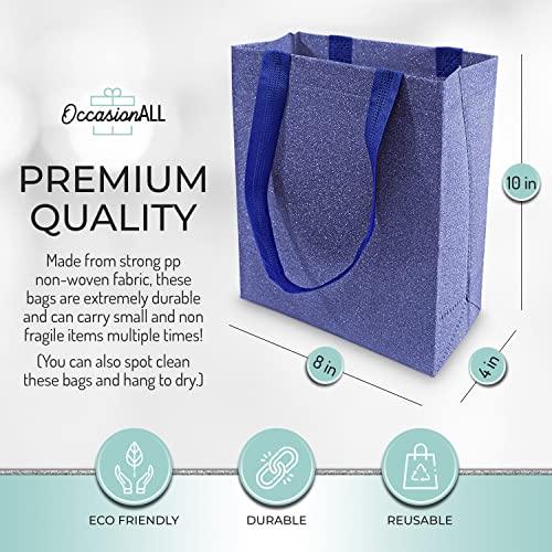 Blue Gift Bags - 12 Pack Medium Blue Reusable Gift Bag Tote with Handles, Glitter Metallic Bling Shimmer, Eco Friendly for Kids Birthday Parties, Bridesmaids, Party Favors, Grocery Shopping - 8x4x10