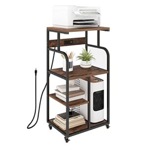 vedecasa mobile high printer stand with power outlet charging plugs usb port office storage shelf includes computer tower cpu stand holder with wheel (brown)