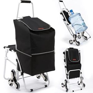 vevor shopping cart with wheels, stair climbing grocery cart with 50l removable shopping bag, 165lbs foldable utility cart trolley dolly with seat, stair climber cart for grocery shopping travel