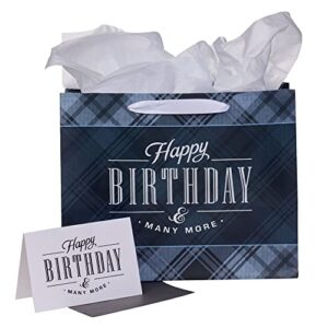 christian art gifts landscape gift bag with card and tissue paper set – happy birthday and many more, black and navy blue plaid, large