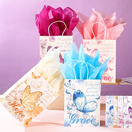 24 Pcs Bible Verse Paper Gift Bags Religious Butterflies Party Favor with 24 Tissues and Card Christian Wrapping Bags with Handles Baptismal Gifts Bags for Girls Women Spring Wrapping Bags Birthday