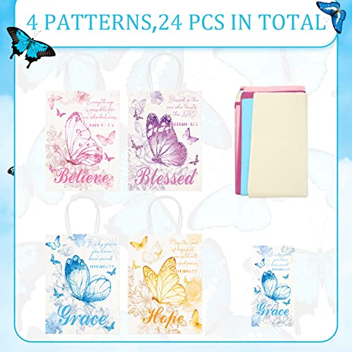 24 Pcs Bible Verse Paper Gift Bags Religious Butterflies Party Favor with 24 Tissues and Card Christian Wrapping Bags with Handles Baptismal Gifts Bags for Girls Women Spring Wrapping Bags Birthday