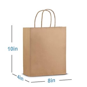 50 Pack - Premium Quality - Trendy Kraft Paper Bags With Handles - Bulk Small Brown Paper Gift Bags, Perfect Kraft Bag, Party Bag or Shopping Bag (8" x 4" x 10", Brown)