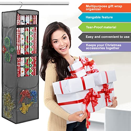 ProPik Holiday Hanging Wrapping Paper Storage Bag Organizer Swivel Hanger 360 Degree Multiple Mesh Pockets And Loops Holds Up To 25 Rolls 40 Inch Plus Space For Ribbons Bows And Gift Wrap (Gray)