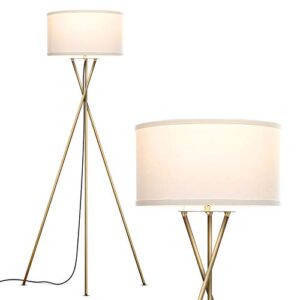 brightech jaxon led floor lamp, modern lamp for living rooms & offices, tall lamp with contemporary drum shade, gold tripod standing lamp for bedroom reading, great living room decor – brass