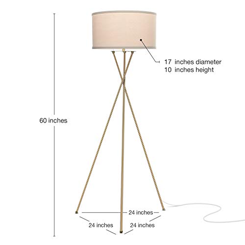 Brightech Jaxon LED Floor lamp, Modern Lamp for Living Rooms & Offices, Tall Lamp with Contemporary Drum Shade, Gold Tripod Standing Lamp for Bedroom Reading, Great Living Room Decor - Brass