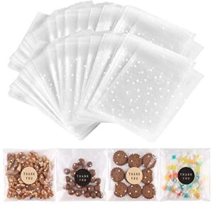 200pack self adhesive cookie bags cellophane treat bags thank you candy bags for gift giving with stickers(white polka dot,5.5×5.5 inch)