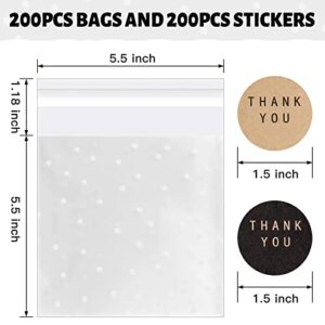 200PACK Self Adhesive Cookie Bags Cellophane Treat Bags Thank You Candy Bags for Gift Giving with Stickers(White Polka Dot,5.5x5.5 INCH)